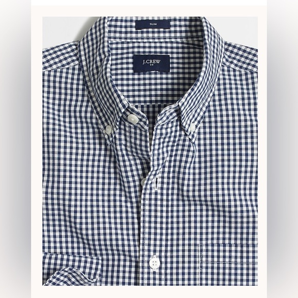 J. Crew Men’s Size Large Slim Fit Navy and White Gingham Button Down Long Shirt - Picture 1 of 9